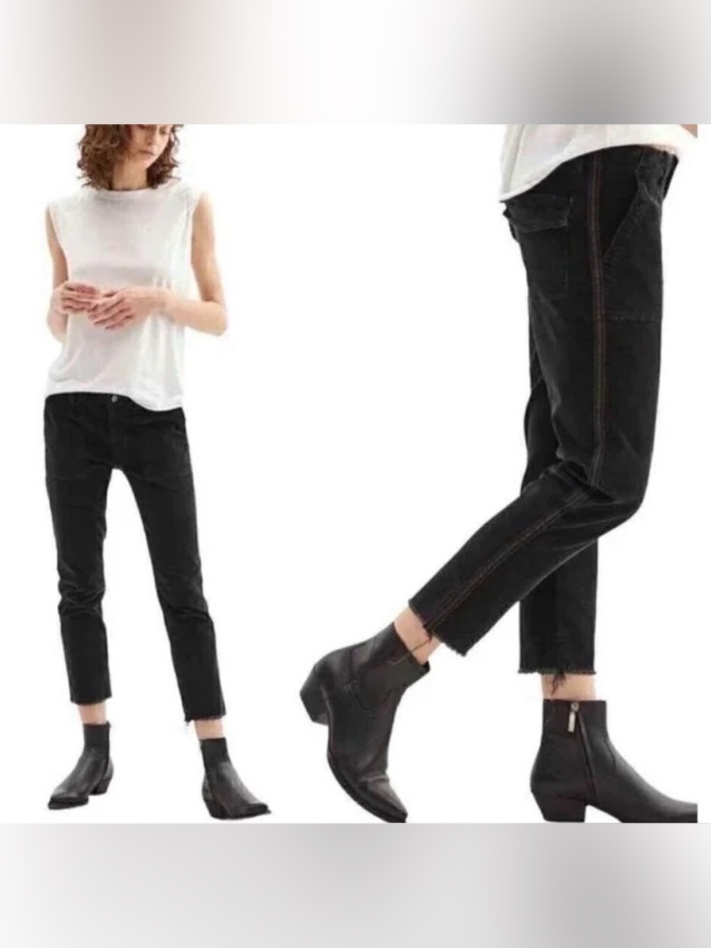 NILI LOTAN Jenna Slim Mid-Rise Raw Hem Side Tape Twill Ankle Pants Black Size 4